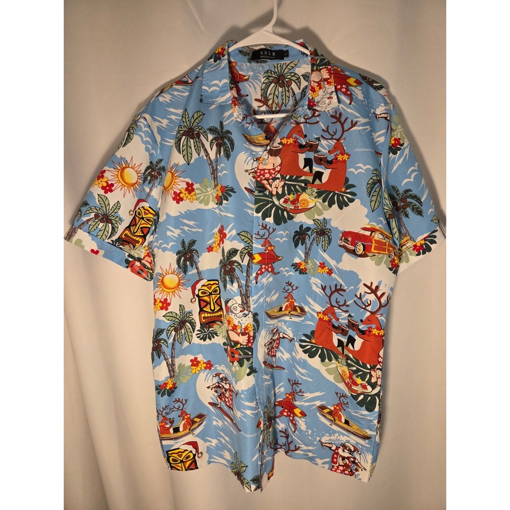 SSLR Hawaiian Shirt Mens L Blue Excellent Tropical Christmas Surfing Santa Tiki